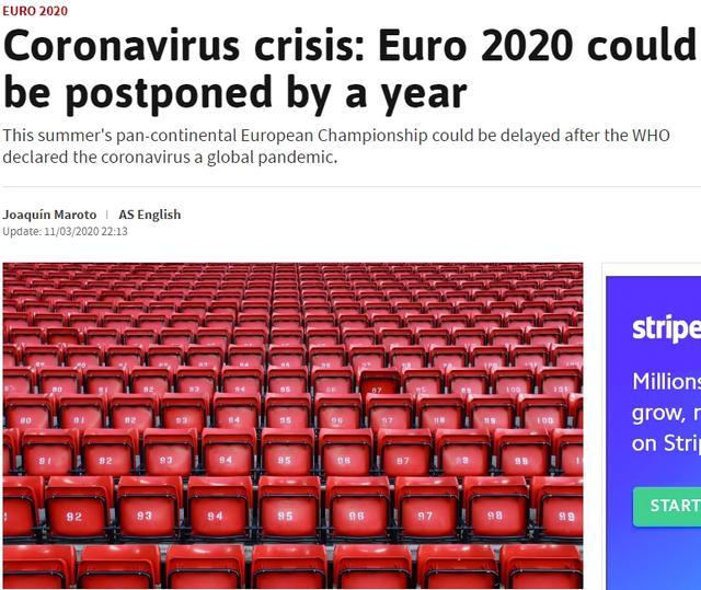 而这可能会迫使欧足联重新考虑是否如期举行2020年欧洲杯的事宜